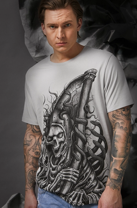 T-shirt bawełniany męski Tattoo Art by Maciej Puchała - Piekłowstąpienie, kolor szary