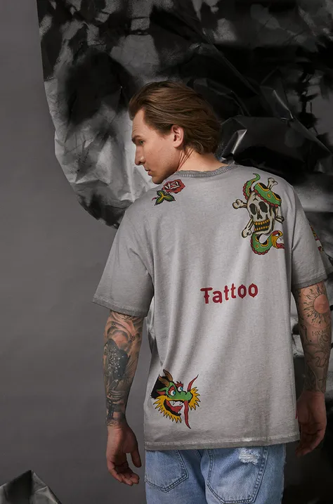 T-shirt bawełniany męski Tattoo Art by Marcin Małczyk, kolor szary