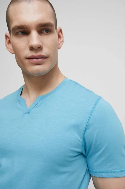 T-shirt bawełniany męski gładki kolor turkusowy