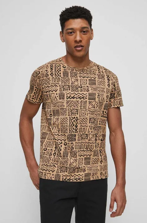 T-shirt bawełniany męski wzorzysty kolor beżowy