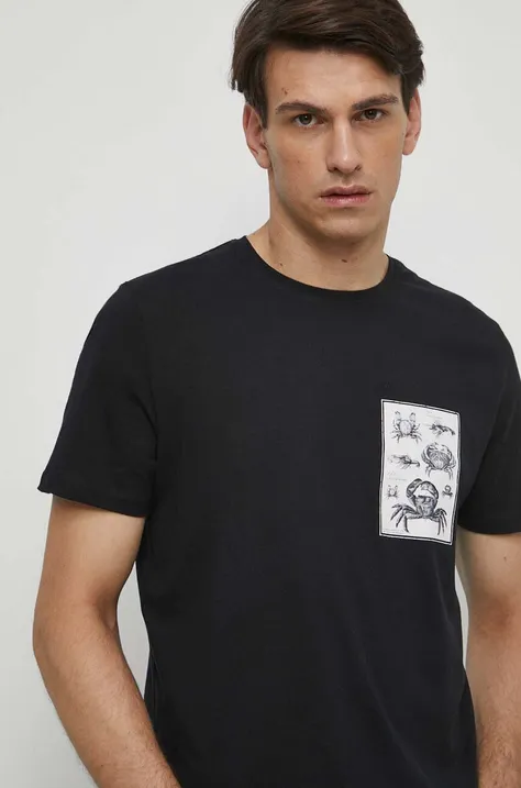 T-shirt bawełniany męski z nadrukiem z domieszką elastanu kolor czarny