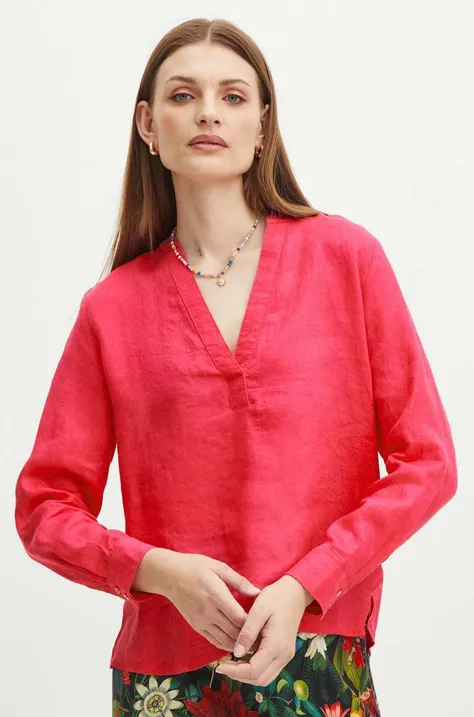 Bluzka lniana damska regular gładka kolor różowy