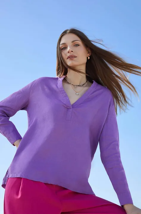 Bluzka lniana damska regular gładka kolor fioletowy