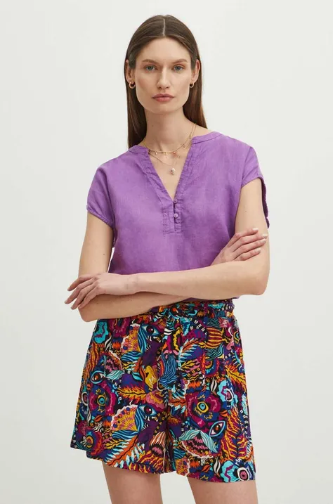 Bluzka lniana damska regular gładka kolor fioletowy