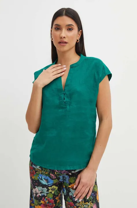 Bluzka lniana damska regular gładka kolor zielony