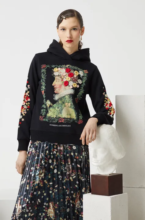 Bombažen pulover Medicine ženska, črna barva, s kapuco