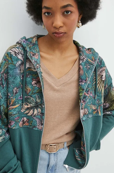 Bluza damska z kapturem wzorzysta kolor zielony