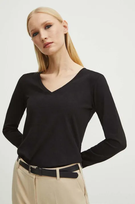 Bavlnené tričko s dlhým rukávom s elastanom dámske čierna farba