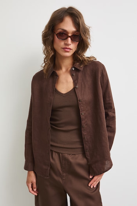 Koszula damska lniana brązowa RS24-KDD501