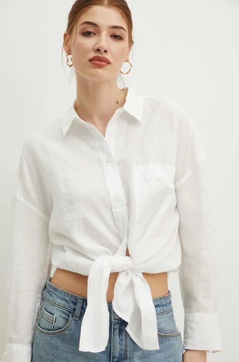 Lanena košulja Medicine za žene, boja: bijela, relaxed, s klasičnim ovratnikom
