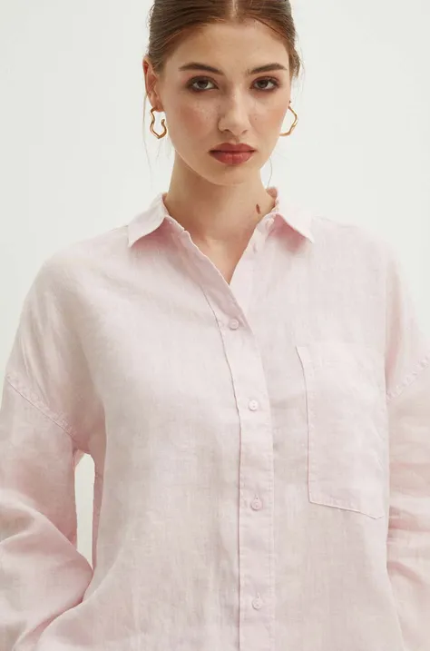 Ľanová košeľa dámska oversize hladká ružová farba