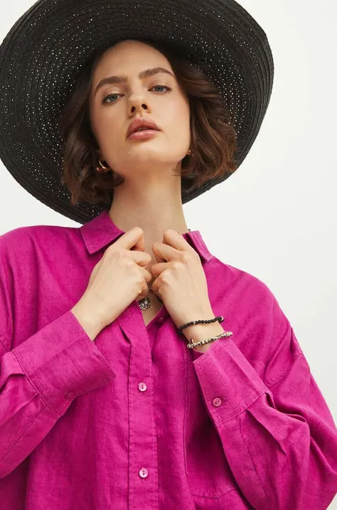 Koszula lniana damska oversize gładka kolor fioletowy