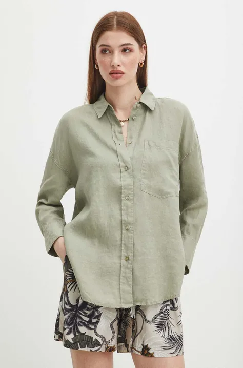 Ľanová košeľa dámskaoversize hladká zelená farba
