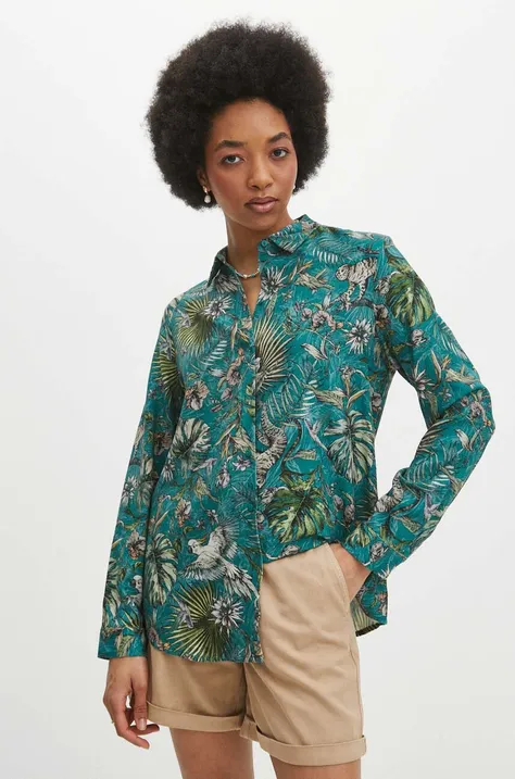 Koszula z domieszką lnu damska regular wzorzysta kolor turkusowy