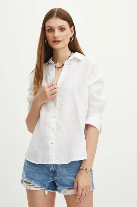 Lanena košulja Medicine za žene, boja: bijela, relaxed, s klasičnim ovratnikom