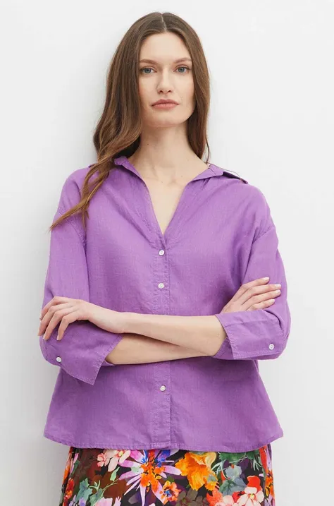 Medicine koszula lniana damska kolor fioletowy relaxed z kołnierzykiem klasycznym