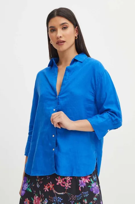 Ľanová košeľa dámska oversize hladká modrá farba