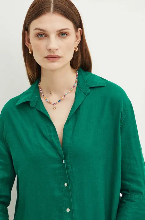 Lněná košile Medicine dámská, zelená barva, relaxed, s klasickým límcem