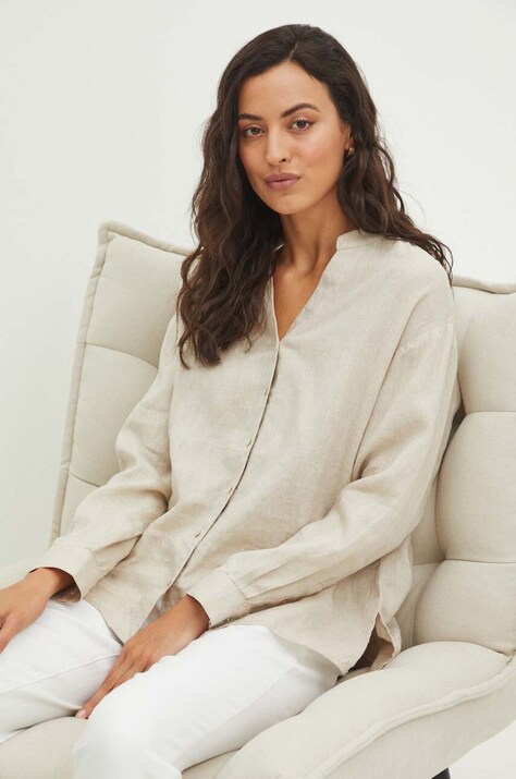 Koszula lniana damska  kolor beżowy