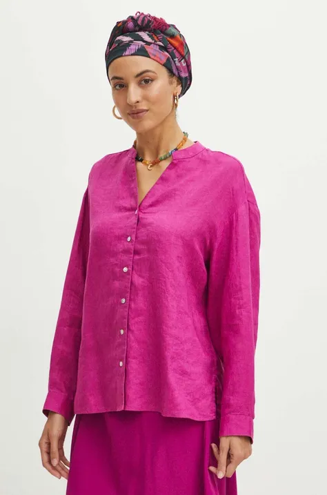 Medicine koszula lniana damska kolor fioletowy relaxed ze stójką