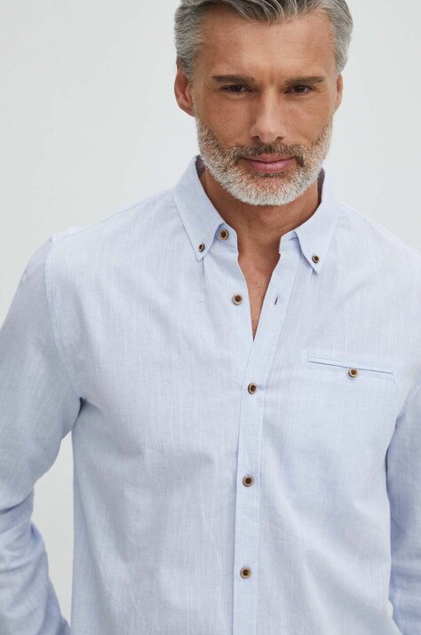 Ленена риза Medicine мъжка в синьо със стандартна кройка с яка с копче