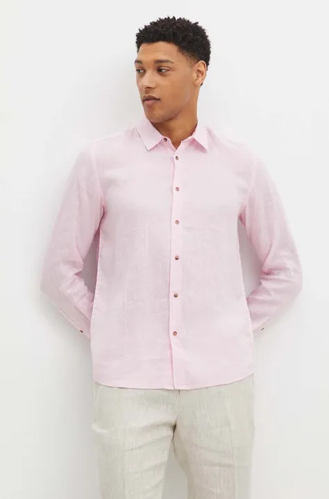 Medicine koszula lniana kolor różowy regular z kołnierzykiem klasycznym