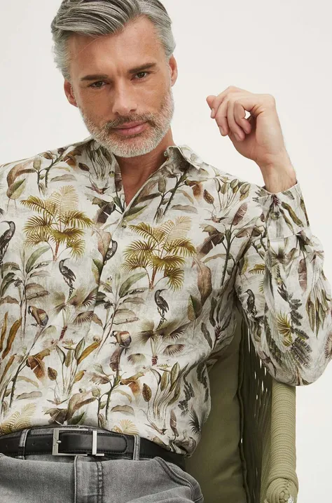 Lněná košile pánská s klasickým límcem se vzorem béžová barva