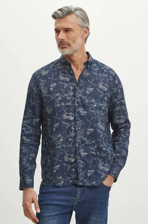 Lanena košulja Medicine za muškarce, boja: tamno plava, regular, s button-down ovratnikom