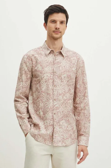 Lněná košile Medicine pánská, růžová barva, regular, s klasickým límcem
