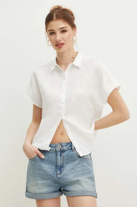 Ľanová košeľa dámska regular hladká biela farba