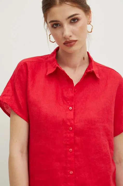 Lněná košile Medicine dámská, červená barva, regular, s klasickým límcem