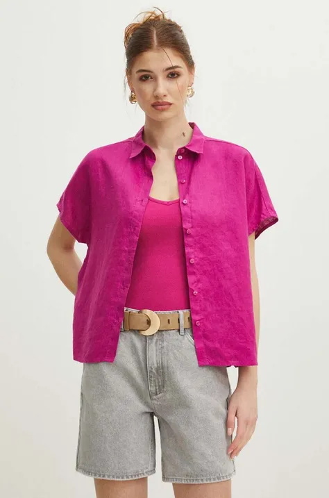 Koszula lniana damska regular gładka kolor fioletowy