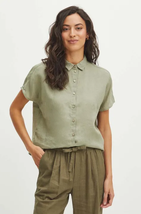 Lněná košile Medicine dámská, zelená barva, regular, s klasickým límcem