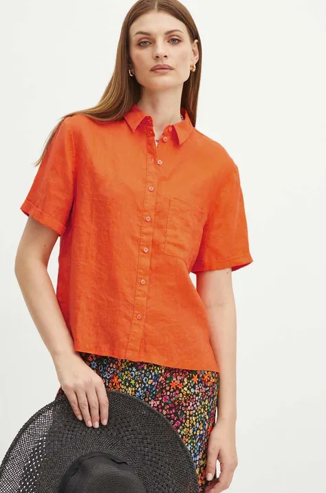 Lněná košile dámská oversize jednobarevná oranžová barva