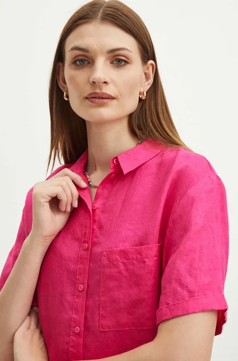 Koszula lniana damska oversize gładka kolor różowy