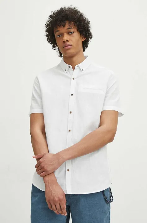 Ľanová košeľa Medicine pánska, biela farba, regular, s golierom button-down