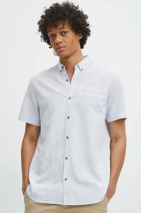 Ľanová košeľa pánska s golierom button down modrá farba