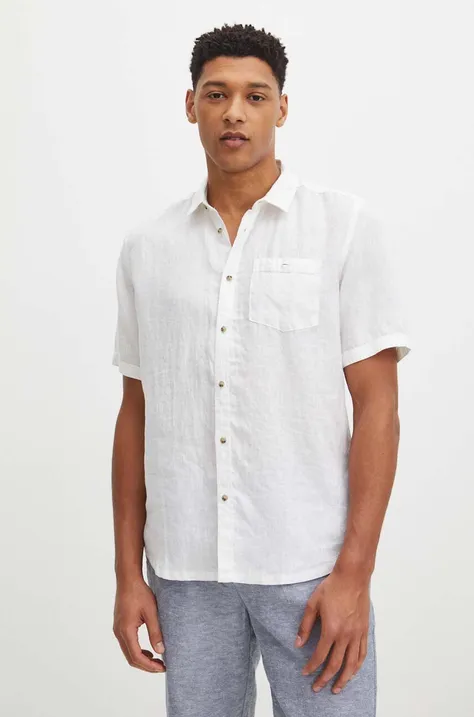 Ľanová košeľa pánska s klasickým golierom hladká biela farba