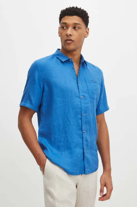 Ľanová košeľa pánska s klasickým golierom hladká modrá farba