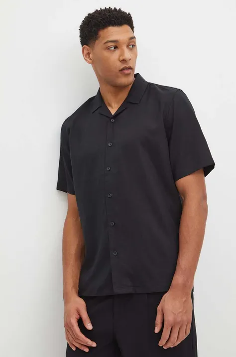 Košile s příměsí lnu pánská černá barva