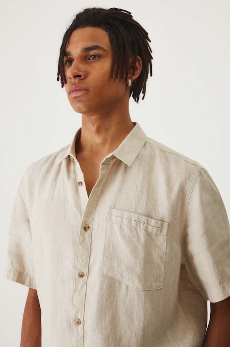 Koszula lniana męska z kołnierzykiem klasycznym melanżowa kolor beżowy
