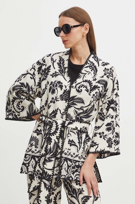 Kimono damskie lniane wzorzyste kolor beżowy