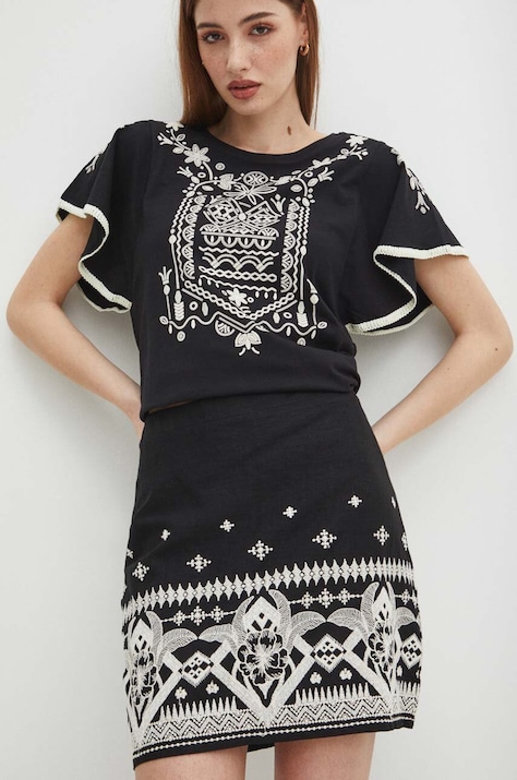 Spódnica z domieszką lnu damska mini z ozdobnym haftem kolor czarny