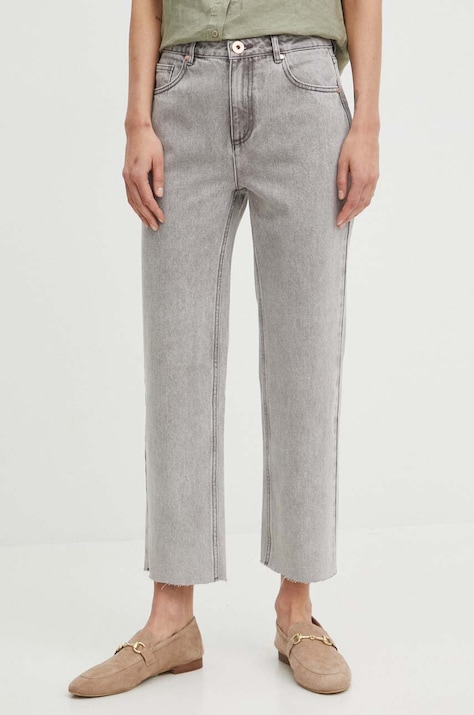 Jeansy bawełniane damskie straight z efektem sprania kolor szary