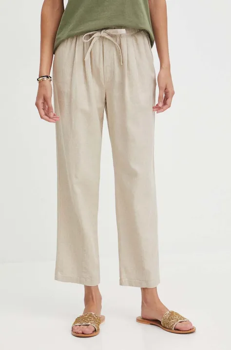 Lněné kalhoty dámské béžová barva