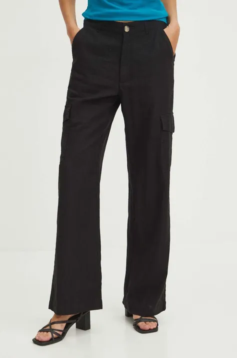 Spodnie lniane damskie z kieszeniami cargo gładkie kolor czarny