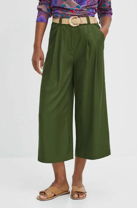 Nohavice Medicine dámske, zelená farba, strih culottes, vysoký pás
