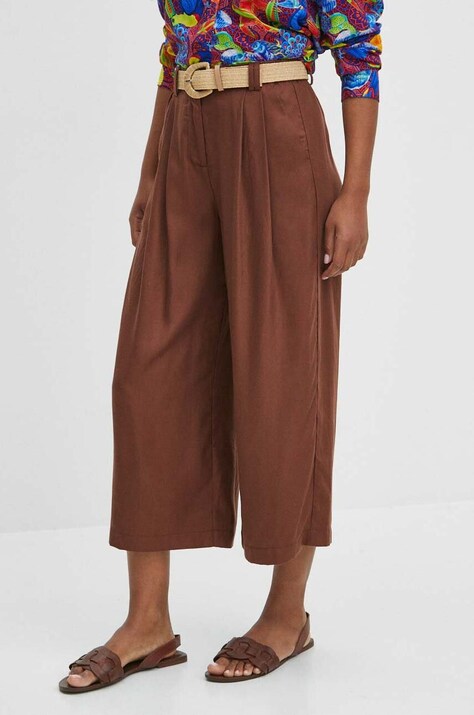 Medicine spodnie damskie kolor brązowy fason culottes high waist