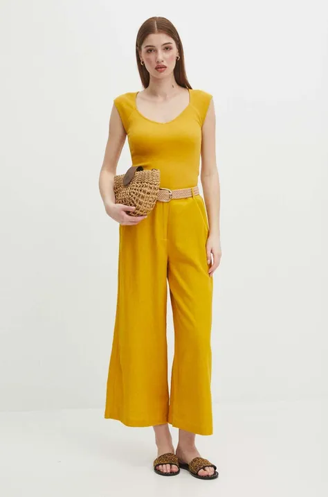 Lněné kalhoty dámské žlutá barva