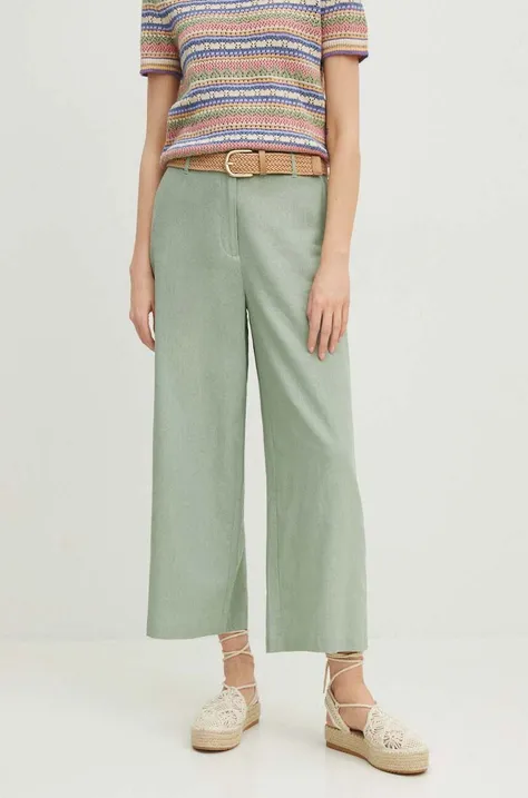 Lněné kalhoty dámské zelená barva